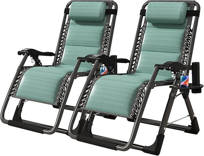 NAIZEA Padded Zero Gravity Chair, Cooling Fabric Folding Outdoor Lounge Chairs, Adjustable Reclining Camping Chairs with Cup Holder, Ergonomic Patio Lawn Chair for Balcony Beach Deck Yard
