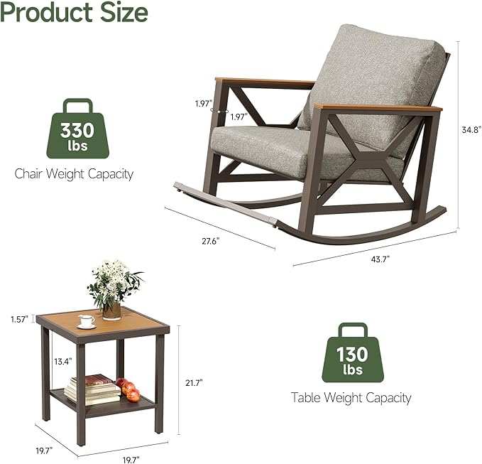 Rocking Bistro Set, 3-Piece Patio Conversation Set, Galvanized Frame Patio Rocking Chairs Set of 2 with Coffee Table and Thickened All-Weather Cushion(Grey)