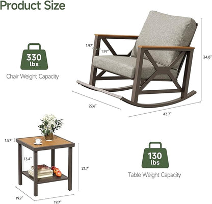 Rocking Bistro Set, 3-Piece Patio Conversation Set, Galvanized Frame Patio Rocking Chairs Set of 2 with Coffee Table and Thickened All-Weather Cushion(Grey)