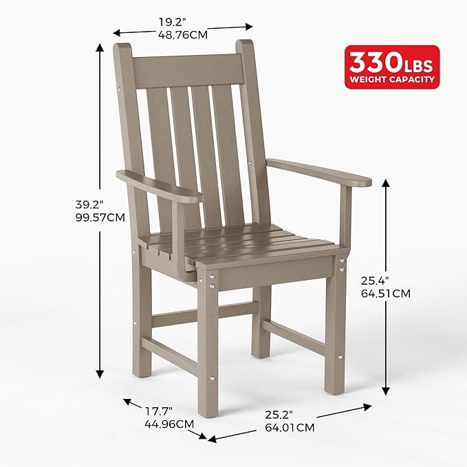 Costaelm Patio Dining Chairs, Plastic Outdoor Adirondack Chair with Arm, HDPE Poly Lumber, Waterproof Restaurant Bistro Dining Chair for Outside Porch Backyard Garden, Weathered Wood