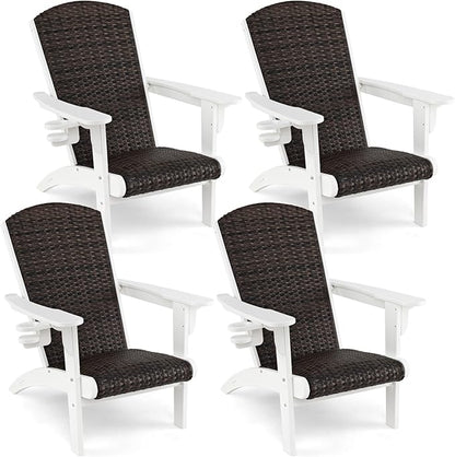 Tangkula Patio Wicker Adirondack Chair, HDPE Lounge Chair w/Rattan Padded Seat & Back, Wide Armrests & Hidden Cupholder, Outdoor All-Weather Adirondack Fire Pit Chair for Backyard, Lawn (4, White)