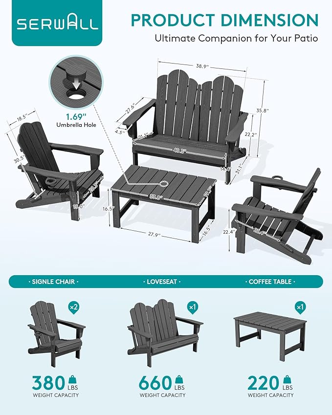 SERWALL 5 Pieces HDPE Patio Adirondack Chair Set - Photo 2