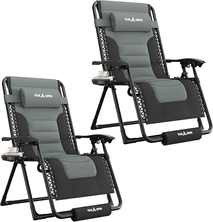 UDPATIO Zero Gravity Chair Oversized Outdoor Anti Gravity Chairs Indoor Patio Lounge Folding Adjustable Chair with Cup Holder, Foot Pad & Padded Headrest, Supports 500lbs (2, Black/Gray, 29in)