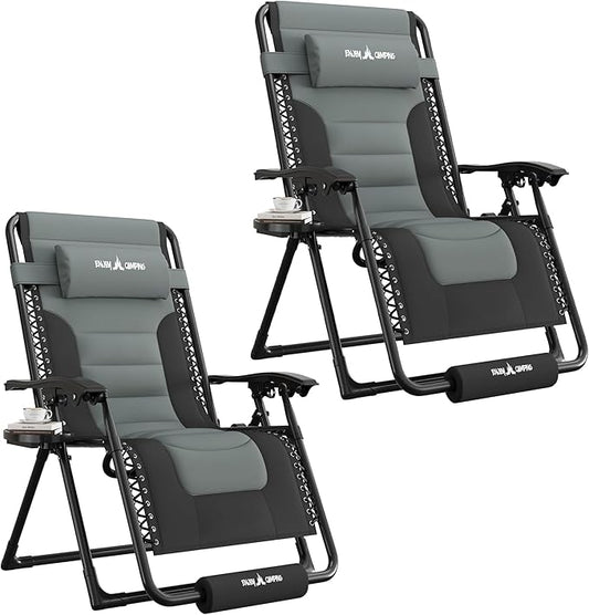 UDPATIO Zero Gravity Chair Oversized Outdoor Anti Gravity Chairs Indoor Patio Lounge Folding Adjustable Chair with Cup Holder, Foot Pad & Padded Headrest, Supports 500lbs (2, Black/Gray, 29in)