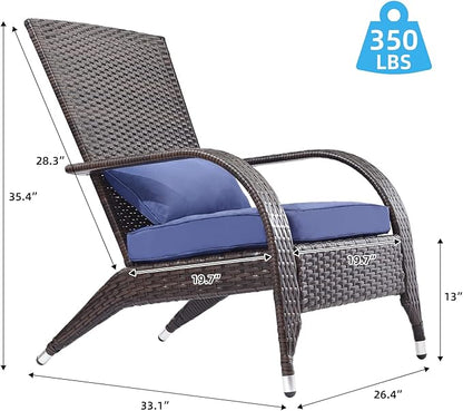 Outdoor Patio Wicker Adirondack Chair Outside Fire Pit Chairs Oversized Comfy Coconino Rattan Armchair Low Deep Seating High Back with Cushion and Pillow for Porch Deck Balcony Lawn Garden Navy Blue