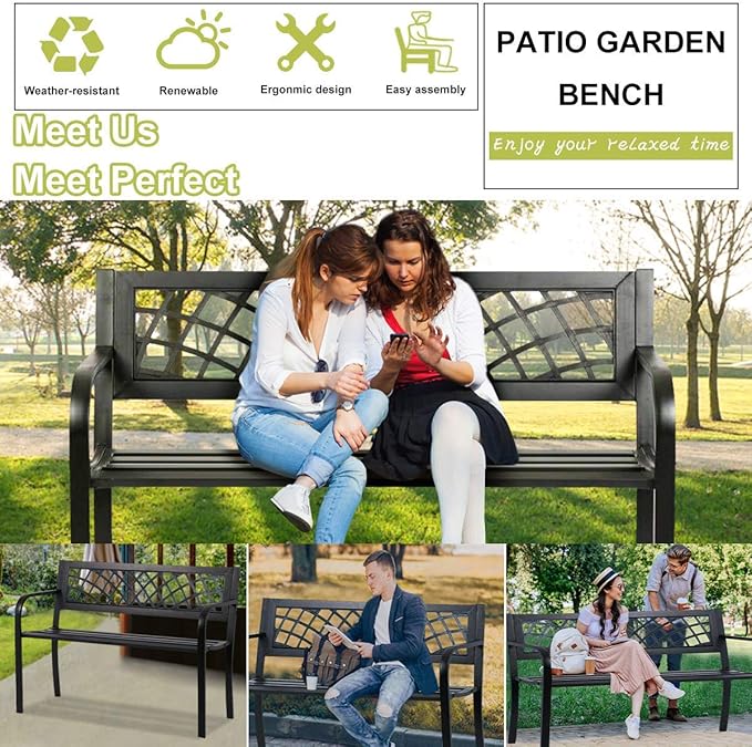 45.5in Outdoor Patio Garden Bench Mesh Pattern Loveseat,Cast Iron Heavy Duty Front Porch Chair w/Steel Frame- Easy Assembly Rust Free for Park Yard Backyard Lawn Pool Decor Deck Furniture- Black