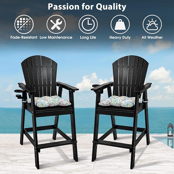 Sundale Outdoor Tall Adirondack Chairs Set of 2, 30 Inch Seat Height Patio Adirondack Bar Stools, HDPE Pub Chairs with Backrest, Tall Bistro Dining Counter Stool with Cushion, All-Weather, Black