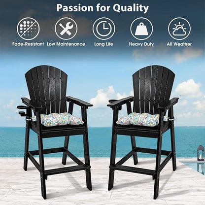 Sundale Outdoor Tall Adirondack Chairs Set of 2, 30 Inch Seat Height Patio Adirondack Bar Stools, HDPE Pub Chairs with Backrest, Tall Bistro Dining Counter Stool with Cushion, All-Weather, Black