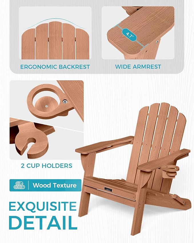 Folding Adirondack Chair, HDPE Adirondack Chair with 2 Cup Holders, Outdoor Fire Pit Chairs for Patio, Garden, Poolside - Photo 5