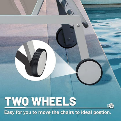 Domi Patio Chaise Lounge Set of 3, Outdoor Lounge Chair, Aluminum Textilene Padded 5 Position Pool Lounger, Stackable Lounge Chair w/Headrest, Wheels, Side Table, for Beach Backyard Lawn, Khaki