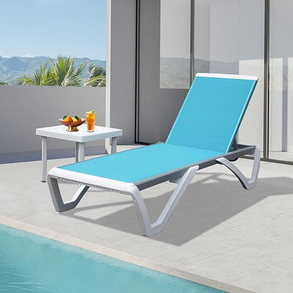 Domi Outdoor Chaise Lounge Chair, Aluminum Patio Lounge Chair with 5 Position Adjustable Backrest and Side Table, Poolside Lounge Chair for Garden, Beach, Yard(1 Turquoise Blue Chair W/Table)