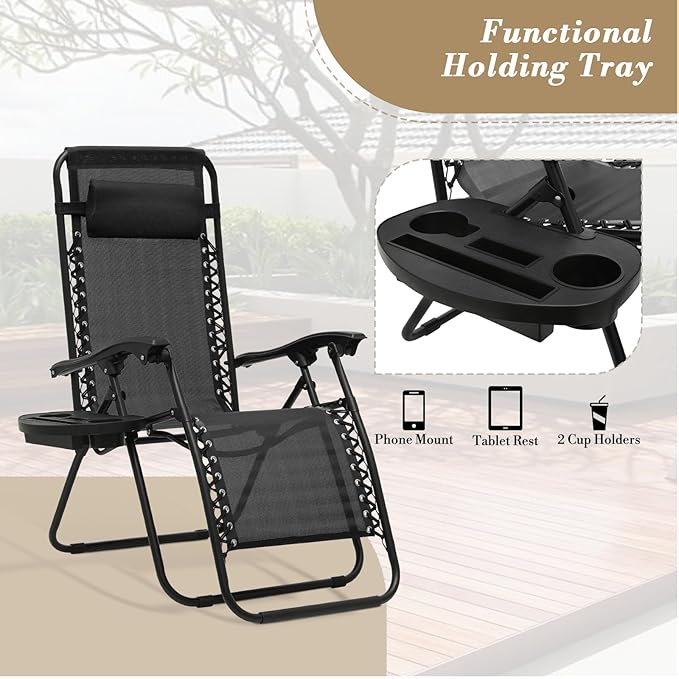 Athena Collection Zero Gravity Chair, Outdoor Lounge Chair with Adjustable Pillow and Cup Holder, Reclining Camping Chair for Outside Beach Lawn Garden Patio Poolside Set of 2 - Black