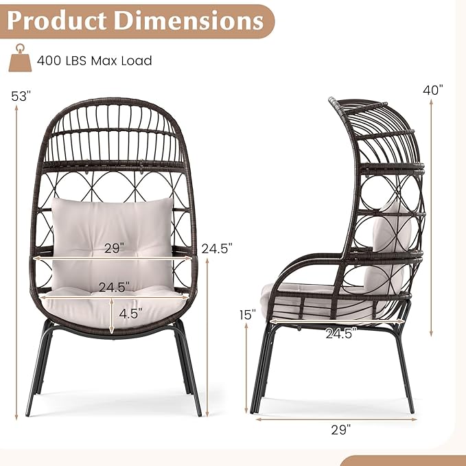 Tangkula Narrow Wicker Egg Chair Outdoor, Patio Rattan Lounge Basket with Seat & Back Cushions, Metal Indoor Outdoor Leisure Sofa Cocoon Chair for Bedroom, Backyard, Balcony, 400 lbs Max Load