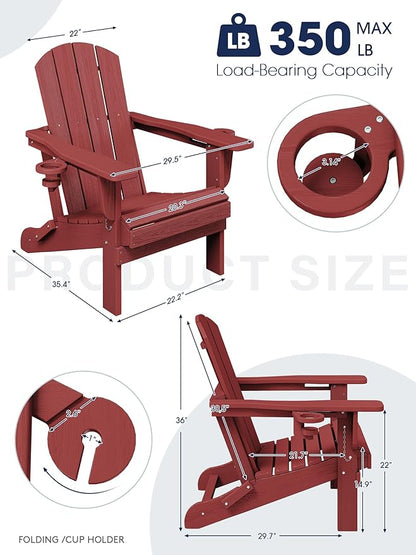 KINGYES Folding Adirondack Chair Set of 4, Dual Cup Holders & All-Weather HDPE, Wood-Like Patio Chair for Backyard, Camping, Pool & Fire Pit, Dark Red