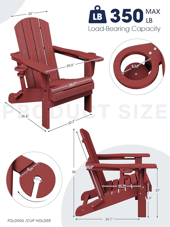 KINGYES Folding Adirondack Chair Set of 2, Dual Cup Holders & All-Weather HDPE, Wood-Like Patio Chair for Backyard, Camping, Pool & Fire Pit, Dark Red