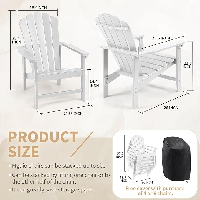 Stackable Adirondack Chairs Set of 6, Space Saving HDPE All-Weather Fire Pit Chair with Cover for Outdoor Lawn Porch Deck