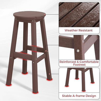 Costaelm 29" Height Outdoor Bar Stools, All-Weather Bar Stools, Adirondack Poly Patio Round Bar Stool for Patio, Deck, Kitchen Counter and Garden, Dark Brown