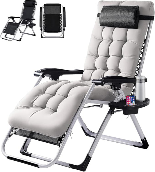 VINGLI Padded Zero Gravity Chair, Lounge Chair with Removable Cushion & Tray， Folding Reclining Patio Chairs， Recliner Chair for Lawn，Indoor and Outdoor