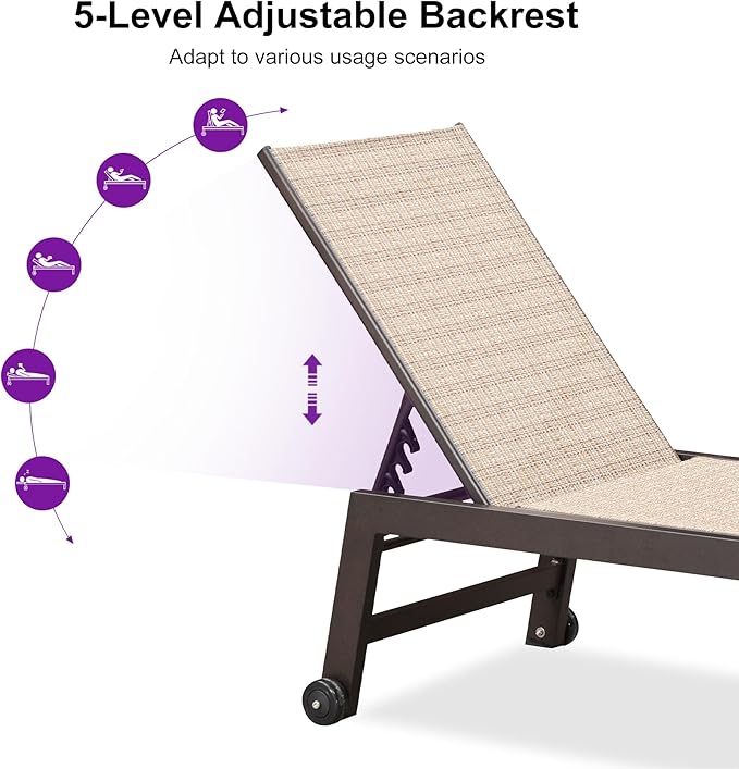 PURPLE LEAF Outdoor Chaise Lounge Chair Set of 2, Patio Pool Textilene Loungers with Adjustable Backrest and Wheels, Includes Side Table for Deck, Lawn, Garden, Light Tan