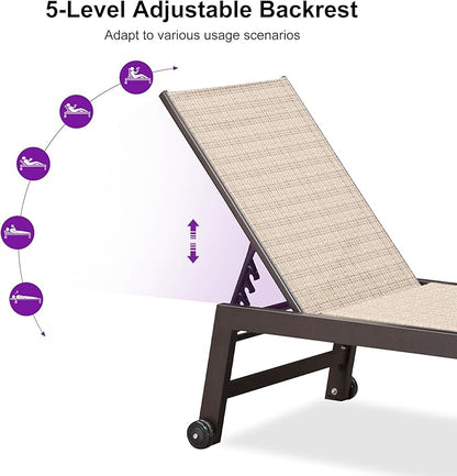 PURPLE LEAF Outdoor Chaise Lounge Chair Set of 2, Patio Pool Textilene Loungers with Adjustable Backrest and Wheels, Includes Side Table for Deck, Lawn, Garden, Light Tan