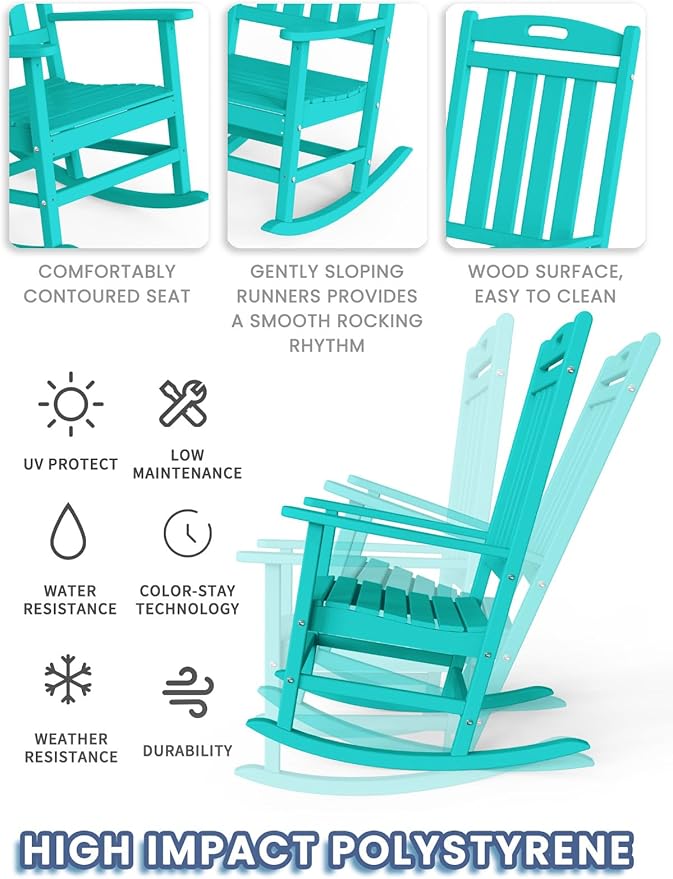 Outdoor Rocking Chair Set of 6, High Back HDPE Patio Chair, All Weather Porch Rocker, Lawn Chair for Deck, Porch, Backyard, Garden, Aruba Blue