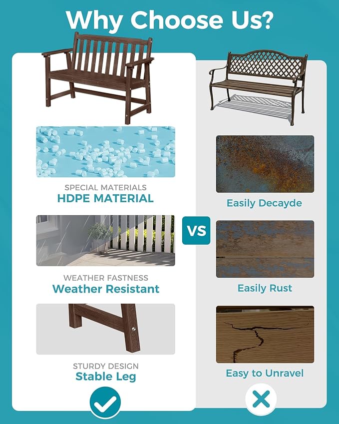 Outdoor Bench, 2-Person HDPE Garden Bench, All Weather Poly Patio Bench for Outdoors, Garden, Backyard, Porch and Park, 550 lbs Weight Capacity, Brown