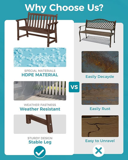 Outdoor Bench, 2-Person HDPE Garden Bench, All Weather Poly Patio Bench for Outdoors, Garden, Backyard, Porch and Park, 550 lbs Weight Capacity, Brown