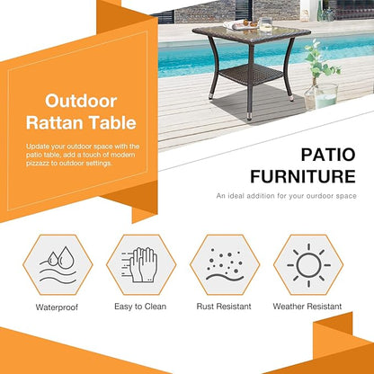 Patiorama Outdoor Wicker Patio Side Table, Weather Resistant Rattan Coffee Table, Square End Table, Aluminum Frame, Espresso Brown