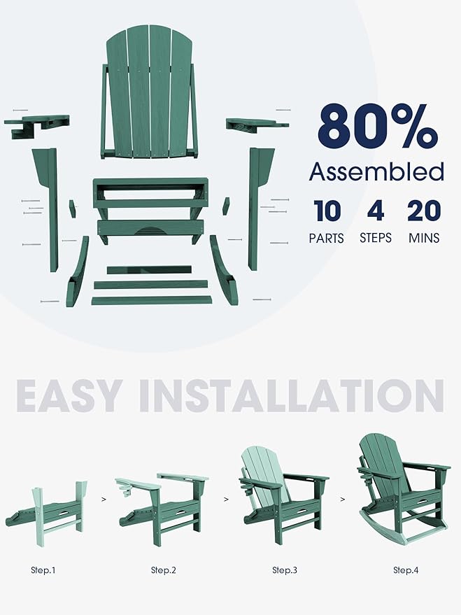 KINGYES Adirondack Rocking Chair Set of 4 with Retractable Ottoman and Cup Holders, HDPE Adirondack Rocker Patio Rocking Chair for Porch, Patio, Balcony, Leaf Green
