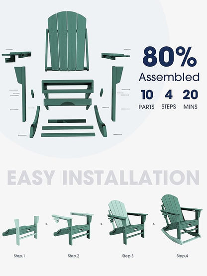 KINGYES Adirondack Rocking Chair Set of 2 with Retractable Ottoman and Cup Holders, HDPE Adirondack Rocker Patio Rocking Chair for Porch, Patio, Balcony, Leaf Green
