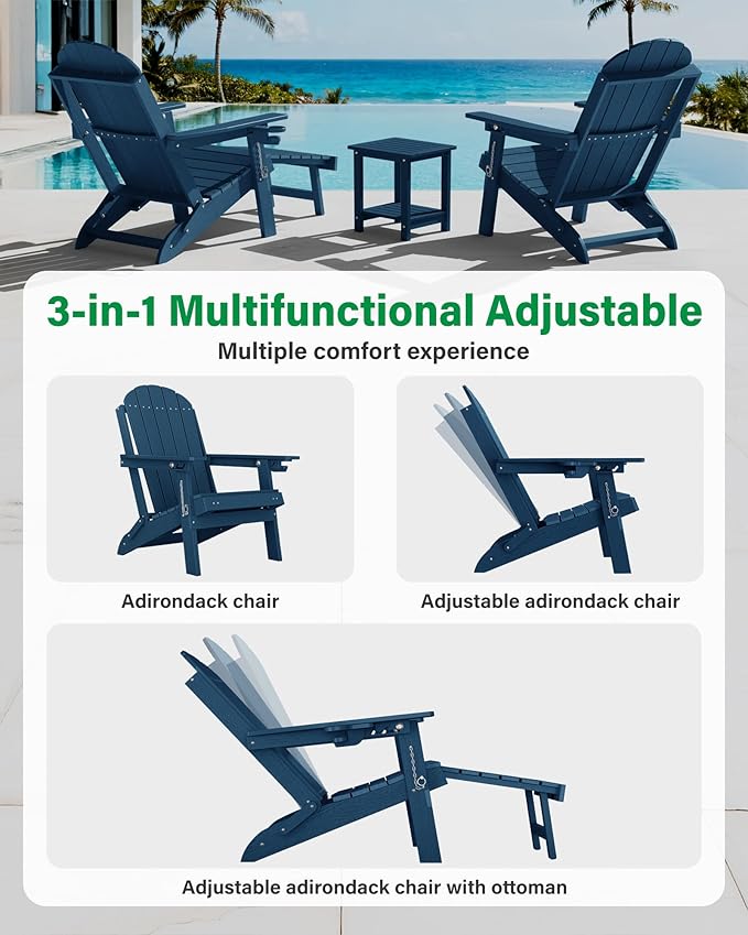 YEFU Folding Adirondack Chair with Footrest: Adjustable Adirondack Chairs with Retractable Ottoman - Sturdy HDEP Plastic with Cup Holder - All Weather for Outdoor/Patio/Fire Pit/Outside/Pool(Navy)