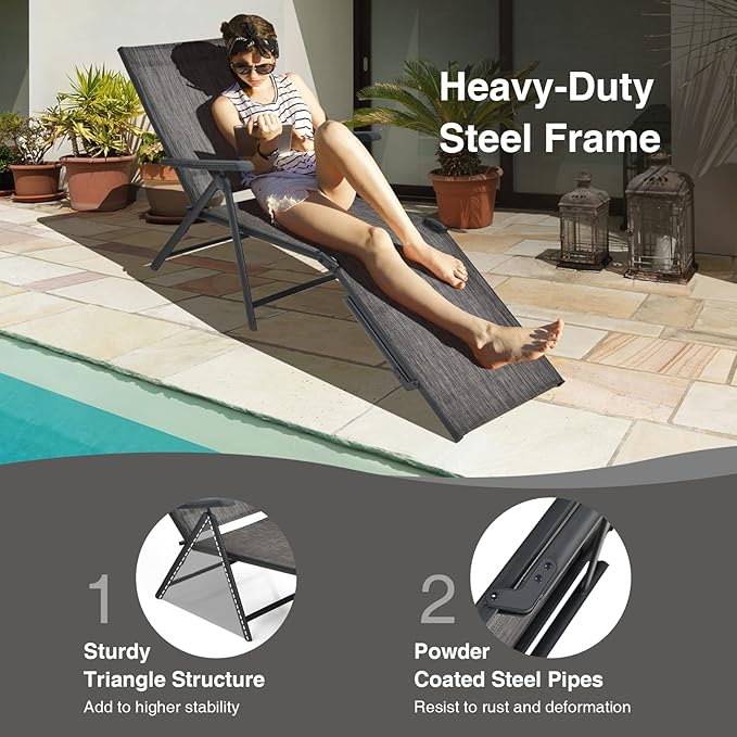 COSTWAY Folding Chaise Lounge, Lightweight & Breathable Fabric, Outdoor Tanning Recliner Chair for Deck, Beach (Grey) - Photo 7