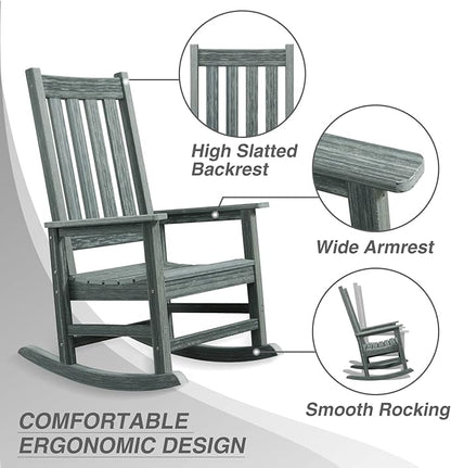 Outdoor Rocking Chair Set of 4, HDPE Oversized Patio Rocking Chairs, Weather Resistant, 350lbs Heavy Duty Porch Rocker with High Back for Backyard, Fire Pit, Garden and Indoor (Grey)