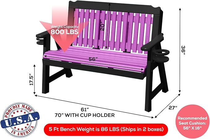 3-Person 5FT Plastic Poly Lumber Wood Cup Holders Bench Amish Craftsmanship Made in USA HDPE with No wood fibers Memorial Patio Outdoor Garden Porch Church Logan Series Signature design 800 lbs Limit