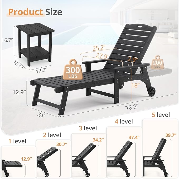 LUE BONA HDPS Chaise Lounge Chair with Table, 2-Piece,Outdoor Pool Lounge Chairs with Adjustable Backrest, Resin Patio Lounge Chairs with Wheels for Outside, Poolside, Black
