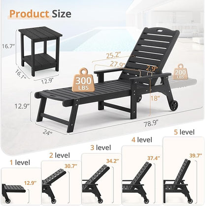 LUE BONA HDPS Chaise Lounge Chair with Table, 2-Piece,Outdoor Pool Lounge Chairs with Adjustable Backrest, Resin Patio Lounge Chairs with Wheels for Outside, Poolside, Black