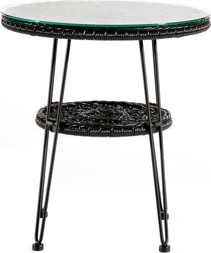 Furniture of America Ysar Boho 19-inch Round Coffee Table Outdoor with Tempered Glass Top and Metal Frame, Handcrafted Coastal Furniture for Patio, Poolside, Garden, Yard, Black