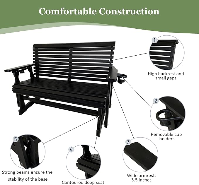 HDPE Patio Glider, Poly Lumber Weather-Resistant Outdoor Glider Bench, for Patio, Porch, Yard (Carbon Black, 2-Seater)