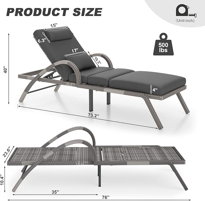 MEISSALIVVE Outdoor Lounge Chairs Set of 2, Patio Chaise Loungers with Adjustable 5 Position & Leg Support, PE Rattan Chaise Lounge, Wicker Pool Recliners Chair for Backyard, Porch, Deck, （Grey