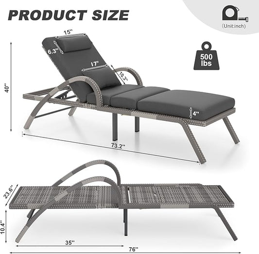 MEISSALIVVE Outdoor Lounge Chairs Set of 4, Patio Chaise Loungers with Adjustable 5 Position & Leg Support, PE Rattan Chaise Lounge, Wicker Pool Recliners Chair for Backyard, Porch, Deck, （Grey