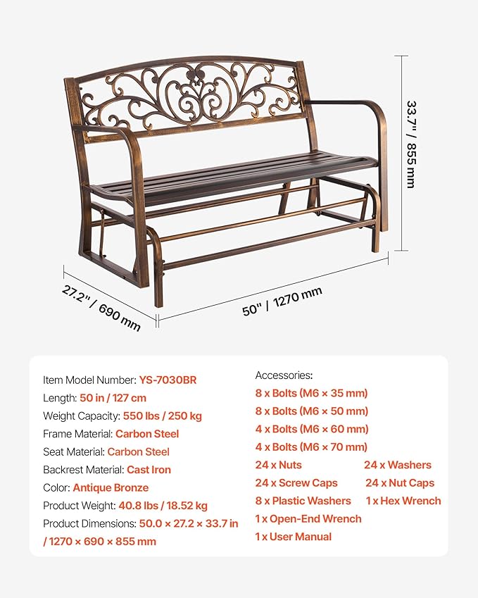 VEVOR Outdoor Bench, 50 inch, Carbon Steel Metal Frame with Cast Iron Backrest and Round Edge Armrests - Photo 8