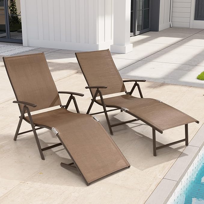 Crestlive Products Chaise Lounge Chair Outdoor Set of 2, Aluminum Folding Patio Recliner Chair, Adjustable 8 Positions Assemble-Free Perfect for Beach, Yard, Pool, Deck