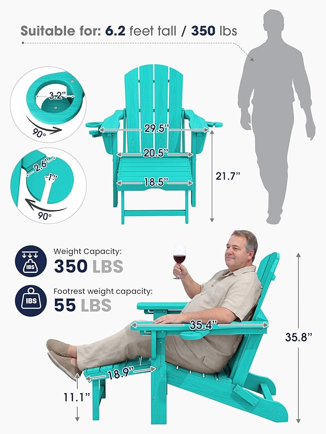 KINGYES Adjustable Folding Adirondack Chairs with Footrest & 2 Cup Holders Set of 2, HDPE Recliner Adirondack Chair with Ottoman, Aruba