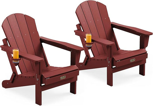SERWALL Foldable Adirondack Chair Set of 2, Weather Resistant HIPS Patio Chairs with Cup Holder for Garden Outdoors Fire Pit Chairs- Red