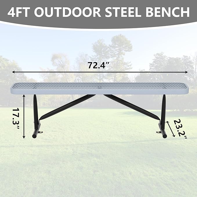 Outdoor Garden Benches, 6 ft Steel Picnic Bench Porch Chair Furniture Patio Seating, Commercial Expanded Metal Mesh Bench for Outside, Lawn, Backyard, Park, Deck, Garden, Patio, School (Grey, 6FT)