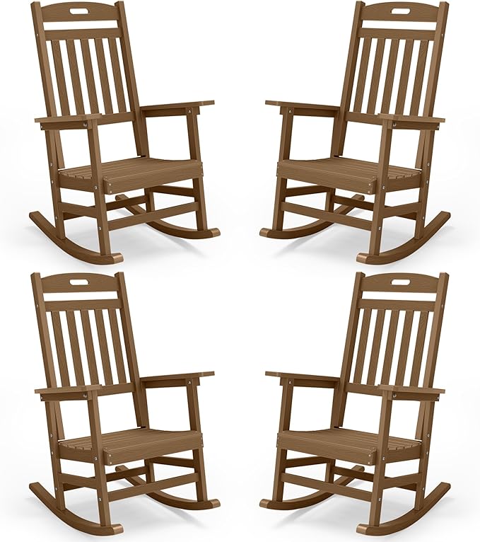 YEFU Porch Rocking Chairs Set of 4: Plastic Rocking Chairs for Outside, Weather Resistant for Patio, Waterproof, Rock smoothly, Teak