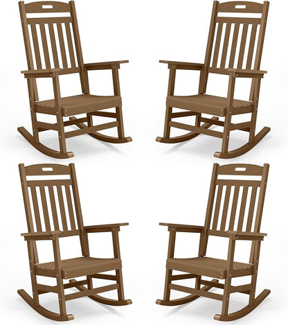 YEFU Porch Rocking Chairs Set of 4: Plastic Rocking Chairs for Outside, Weather Resistant for Patio, Waterproof, Rock smoothly, Teak