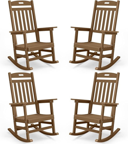 YEFU Porch Rocking Chairs Set of 4: Plastic Rocking Chairs for Outside, Weather Resistant for Patio, Waterproof, Rock smoothly, Teak