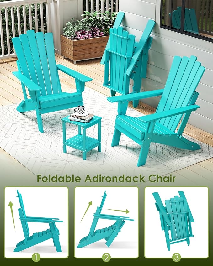GREENVINES Folding-Adirondack-Chairs-Set-of-4 | HDPE Plastic | Throne Series | Fire Pit Chair | All Weather | for Outdoor Patio Deck Backyard Poolside | Aqua