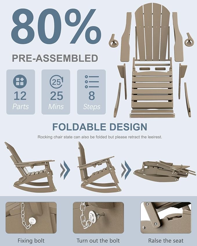 Adirondack Rocking Chairs Set of 4 with Retractable Ottoman, All Weather Folding Adirondack Chair with Two Cup Holders, Adirondack Outdoor Rocking Chairs for Porch, Patio, Balcony. Brown
